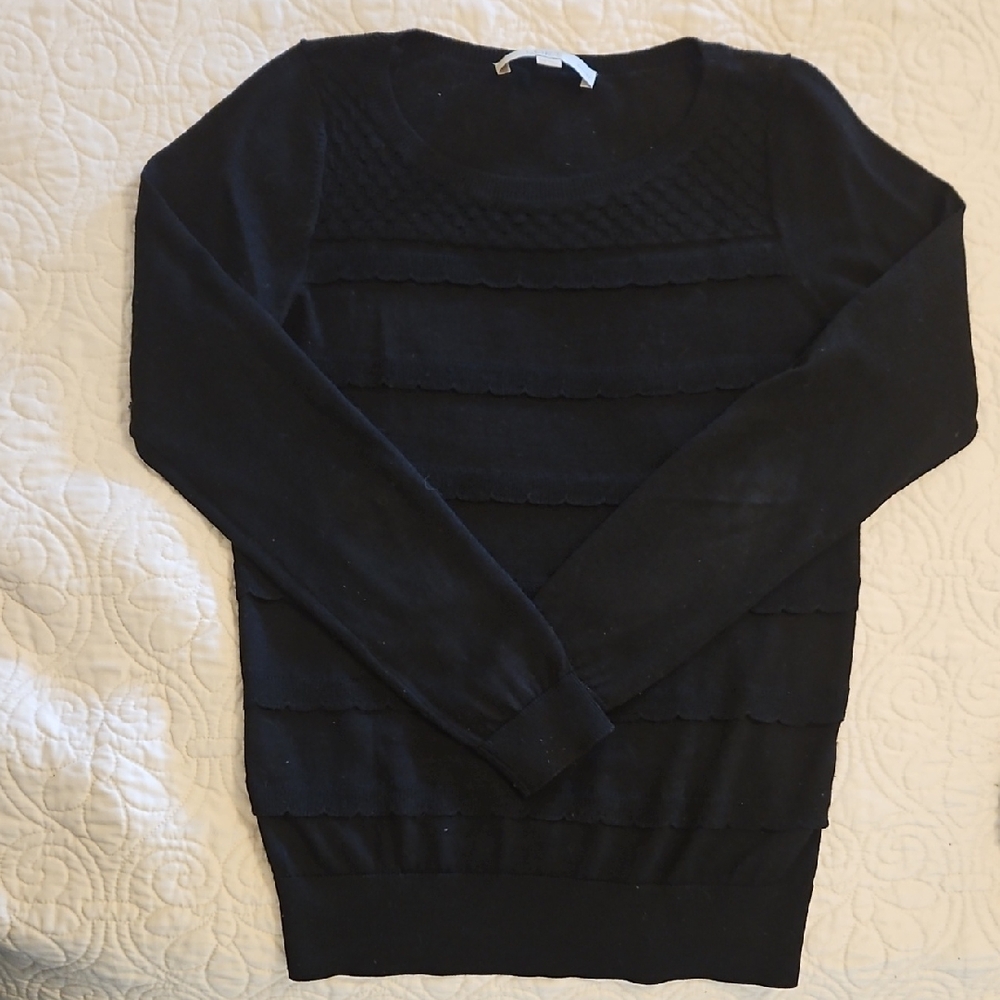 LOFT Classic Black Crew Neck Sweater with Tiered Detail